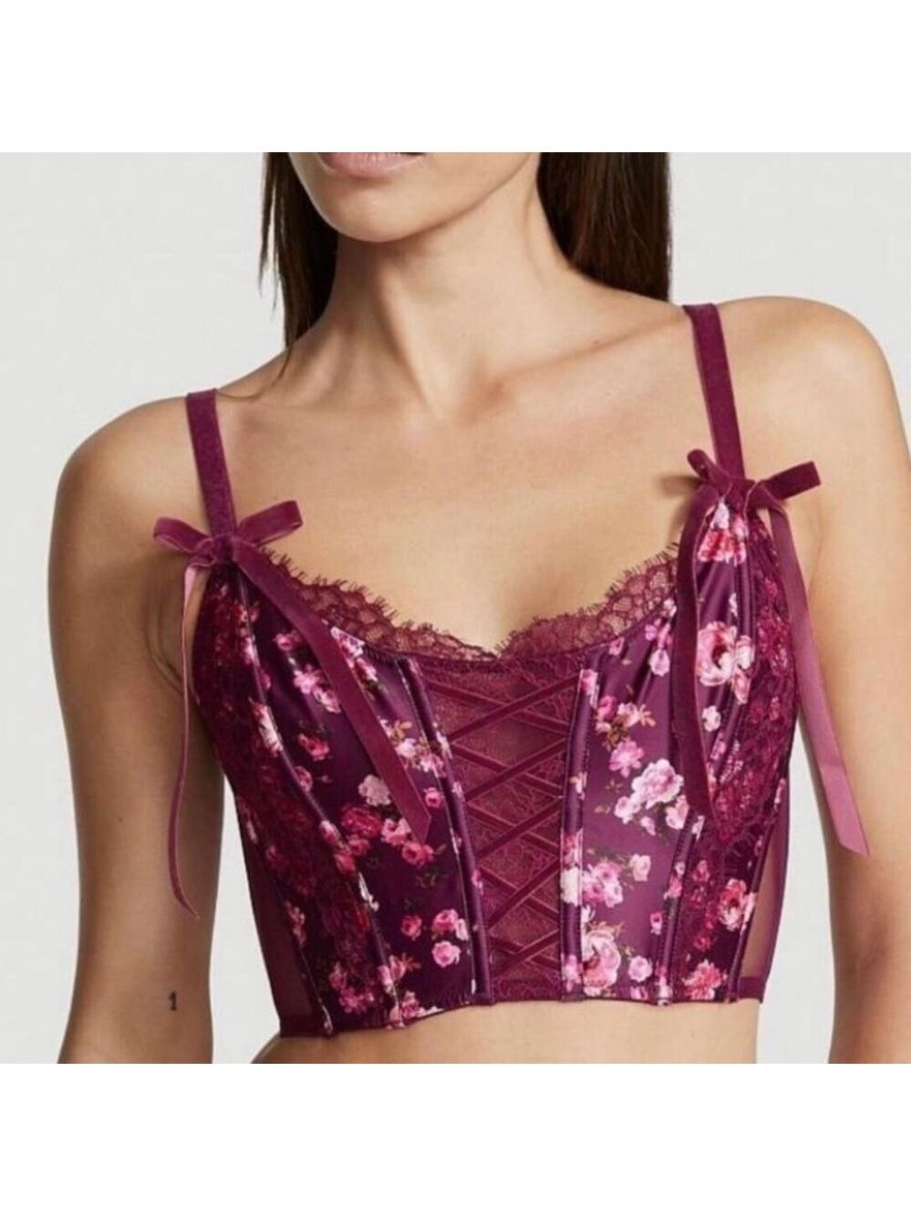 Victoria's Secret Dream Angels Floral Bustier Unlined Bra Top in Burgundy